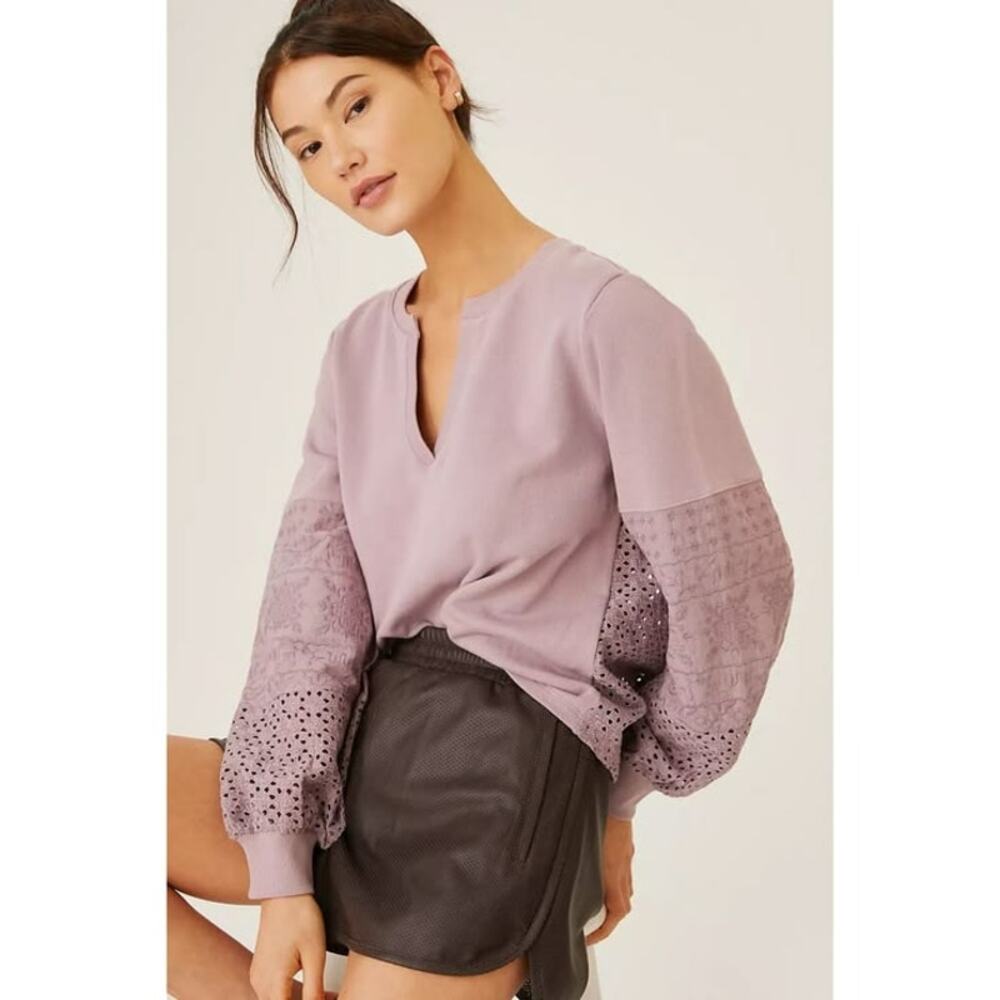 Anthropologie Lilac Eyelet Embroidered Cotton Ballon Sleeve V-Neck Sweatershirt